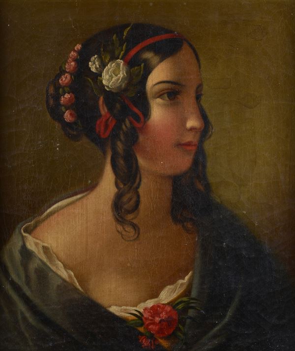 Anonimo, XIX sec. - Ragazza con nastro rosso e fiori 