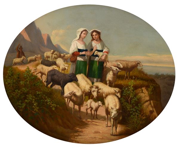 Anonimo, XIX sec. - Pastorelle con gregge