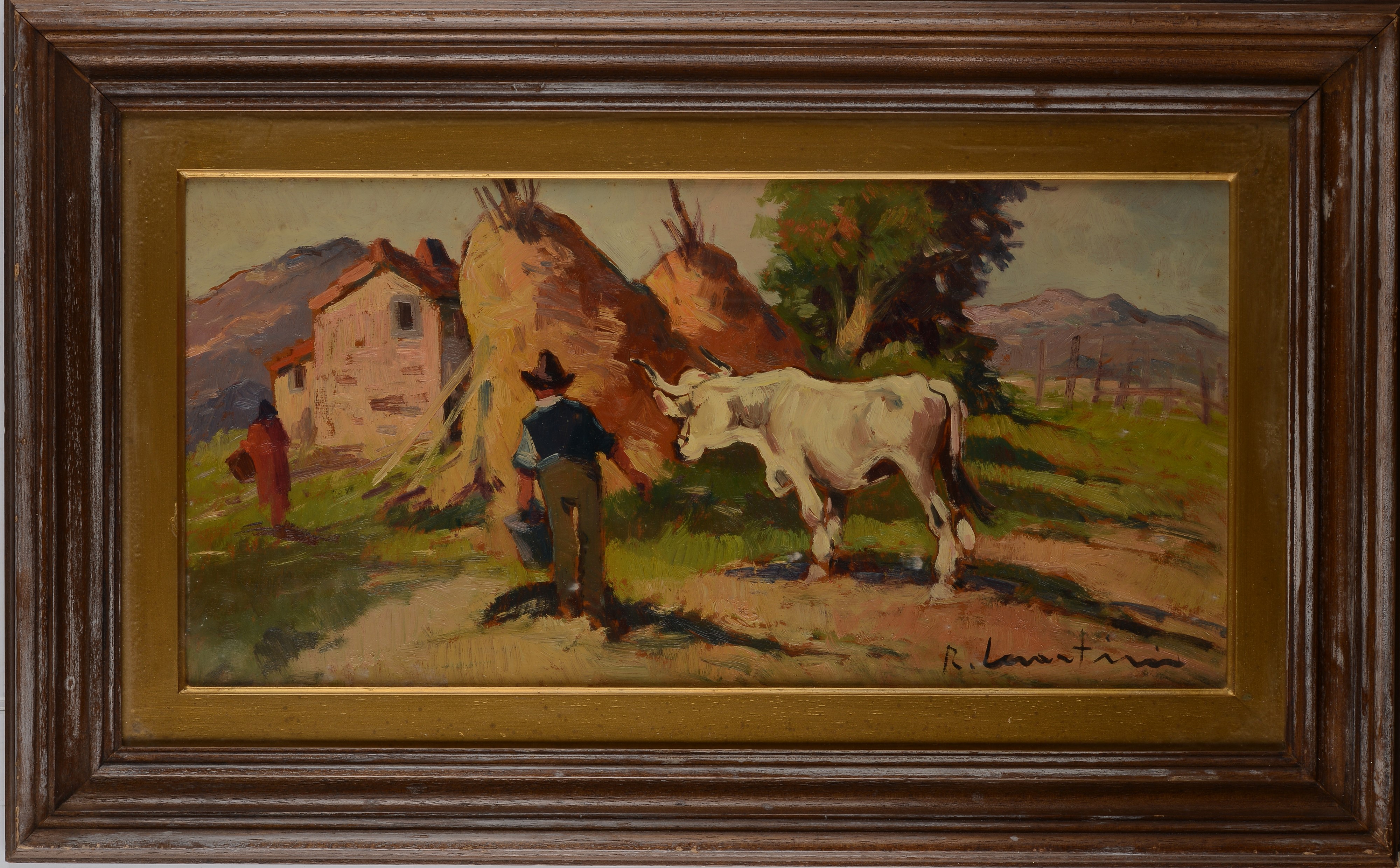 Contadino con bue e covoni