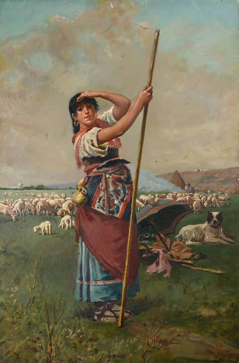 Anonimo, XIX Sec. - Pastorella con Gregge