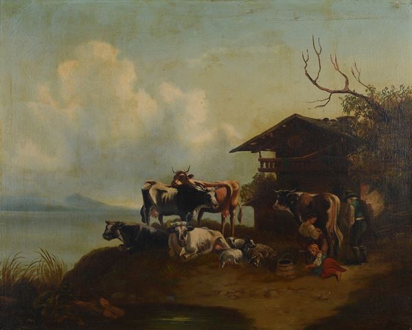 Anonimo, XIX sec. - Cascina con mucche e contadini