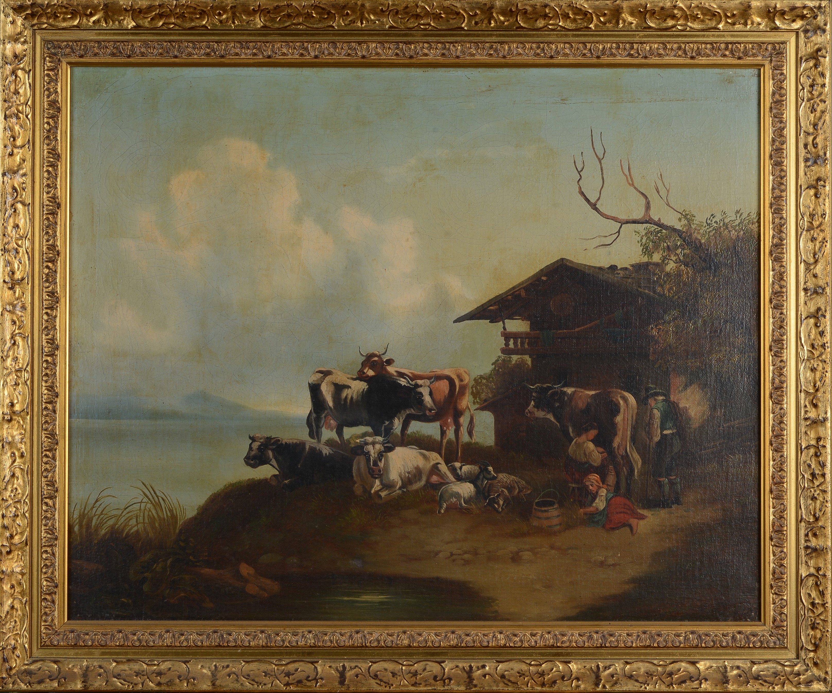 Cascina con mucche e contadini