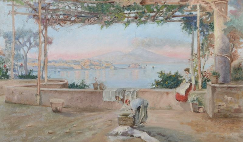 Anonimo, XIX Sec. - Veduta di Napoli da una Terrazza