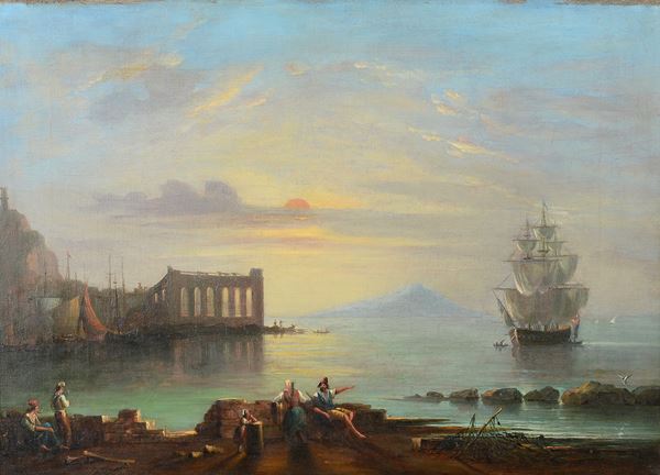 Anonimo, inizi XIX sec. - Veduta di porto con figure