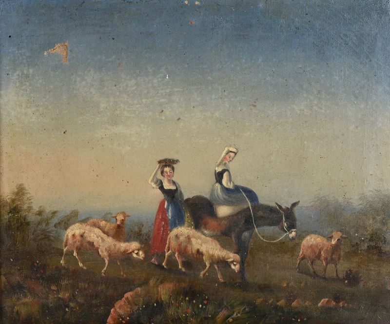 Anonimo, XIX Sec. - Pastorelle con Gregge