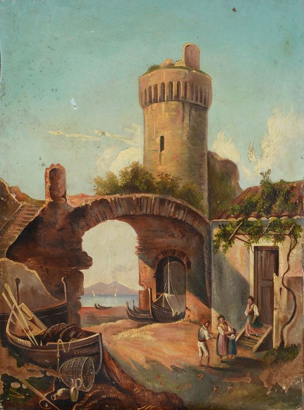 Anonimo, XIX sec. - Arco con torre e figure