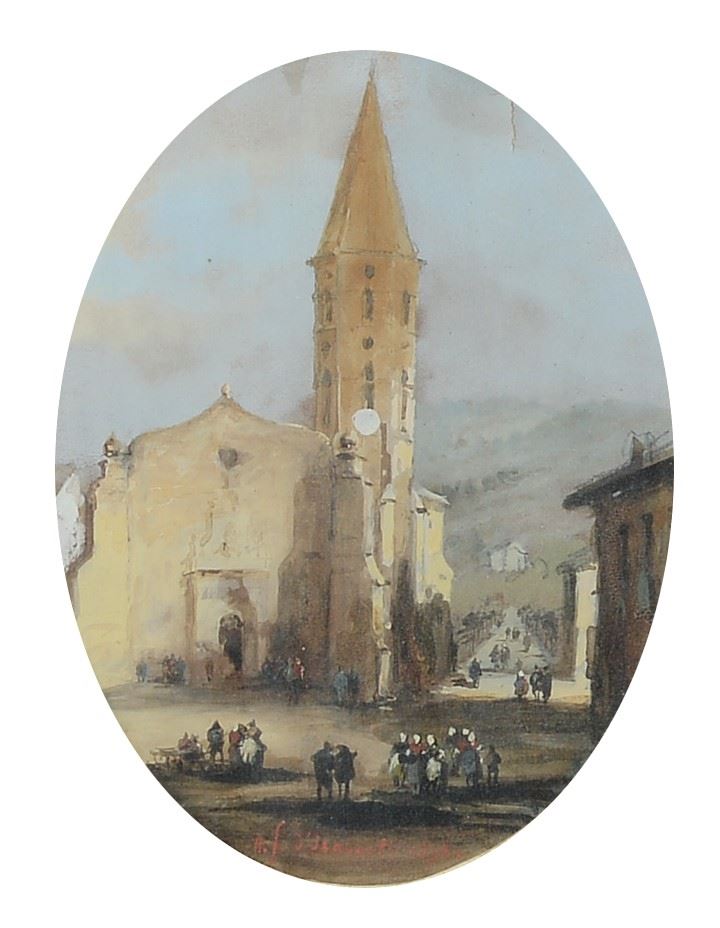 Anonimo, XIX Sec. - Chiesa con Figure