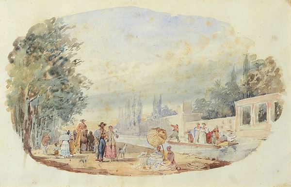 Anonimo, XIX sec. - Giardino con figure