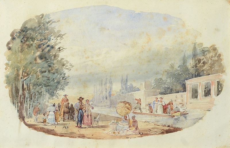 Anonimo, XIX Sec. - Giardino con Figure