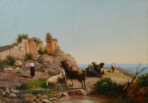 Anonimo, XIX sec. - Paesaggio con rovine, pastorella e capre
