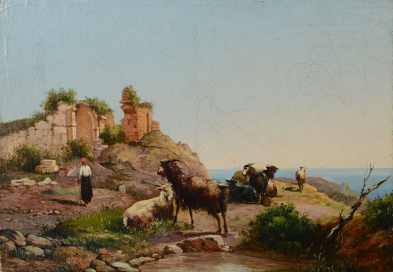 Anonimo, XIX Sec. - Paesaggio con Rovine, Pastorella e Capre