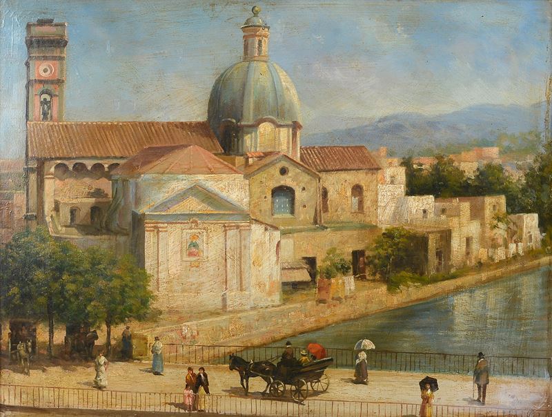 Anonimo, XIX Sec. - Veduta di Chiesa e Figure