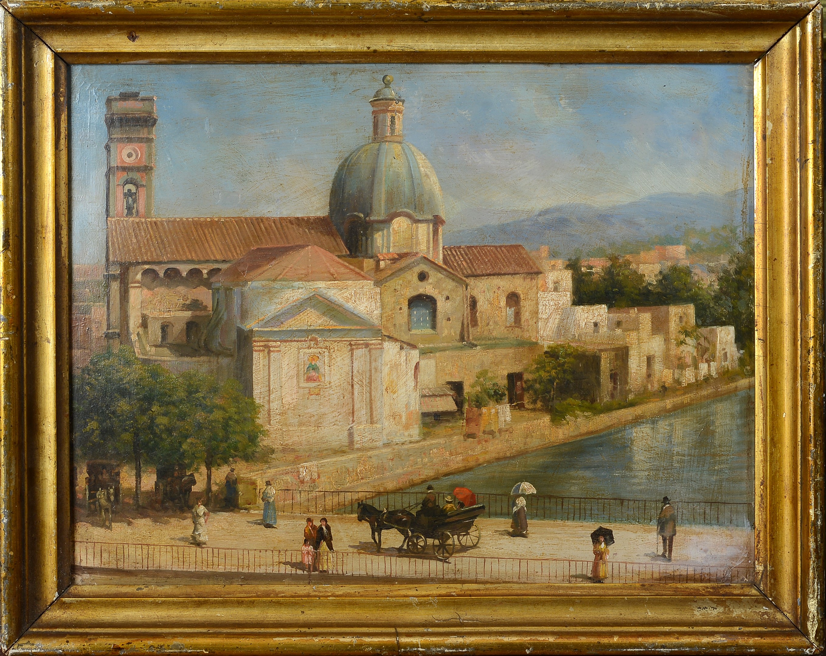 Veduta di chiesa e figure