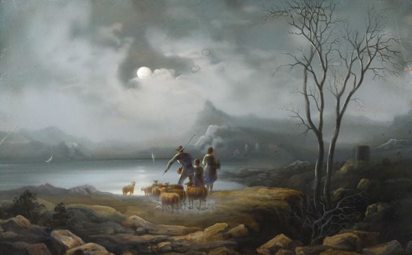 Anonimo, inizi XIX sec. - Paesaggio notturno con famiglia di pastori