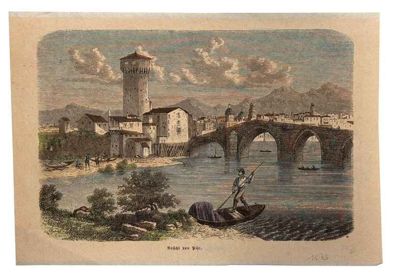 Veduta di paese con ponte e fiume