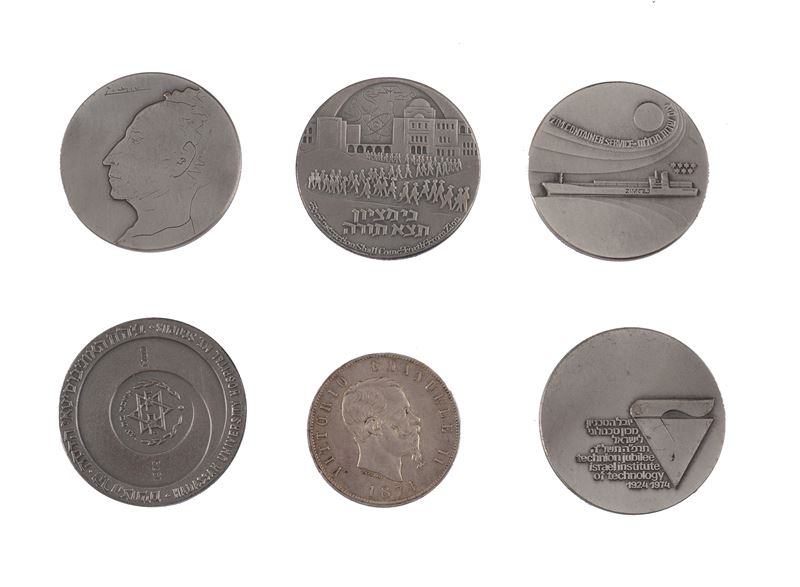 Cinque medaglie Israele e una moneta Cinque Lire del Regno d'Italia (1874)