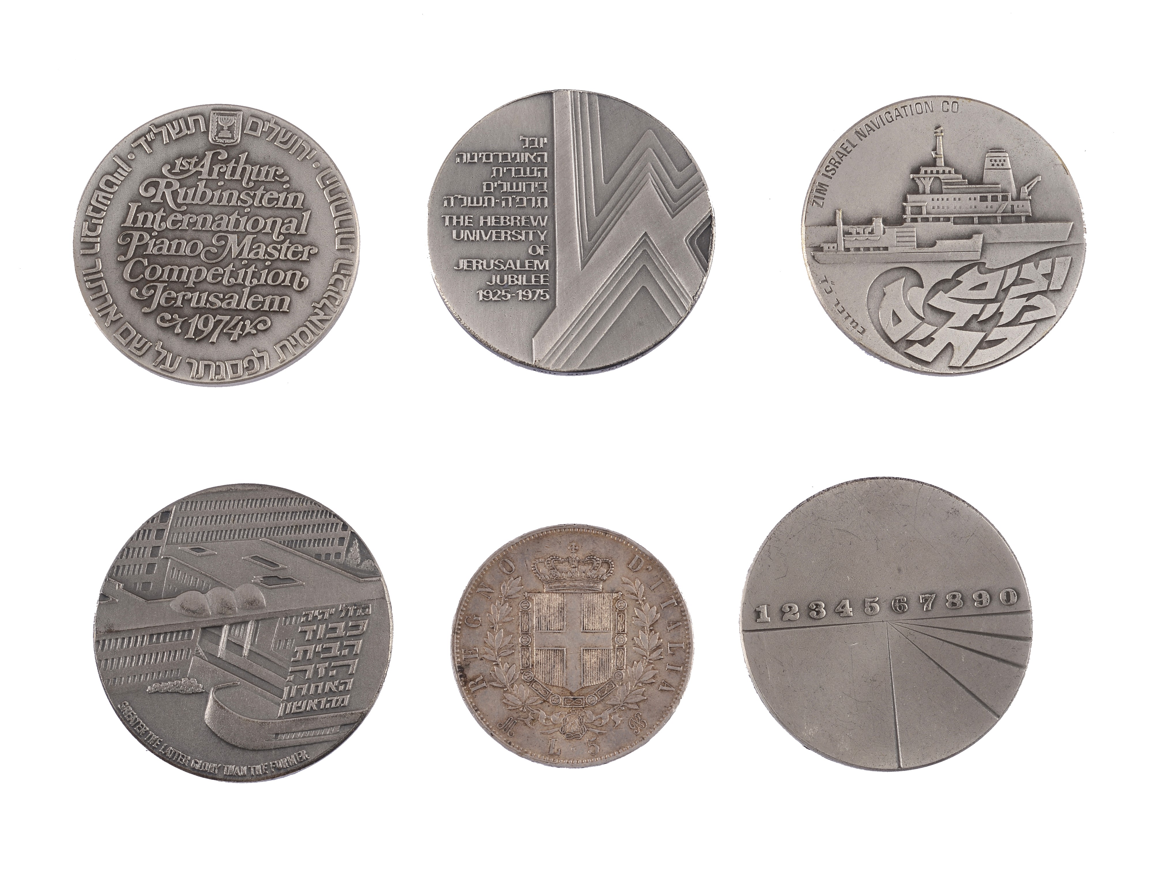 Cinque medaglie Israele e una moneta Cinque Lire del Regno d'Italia (1874)