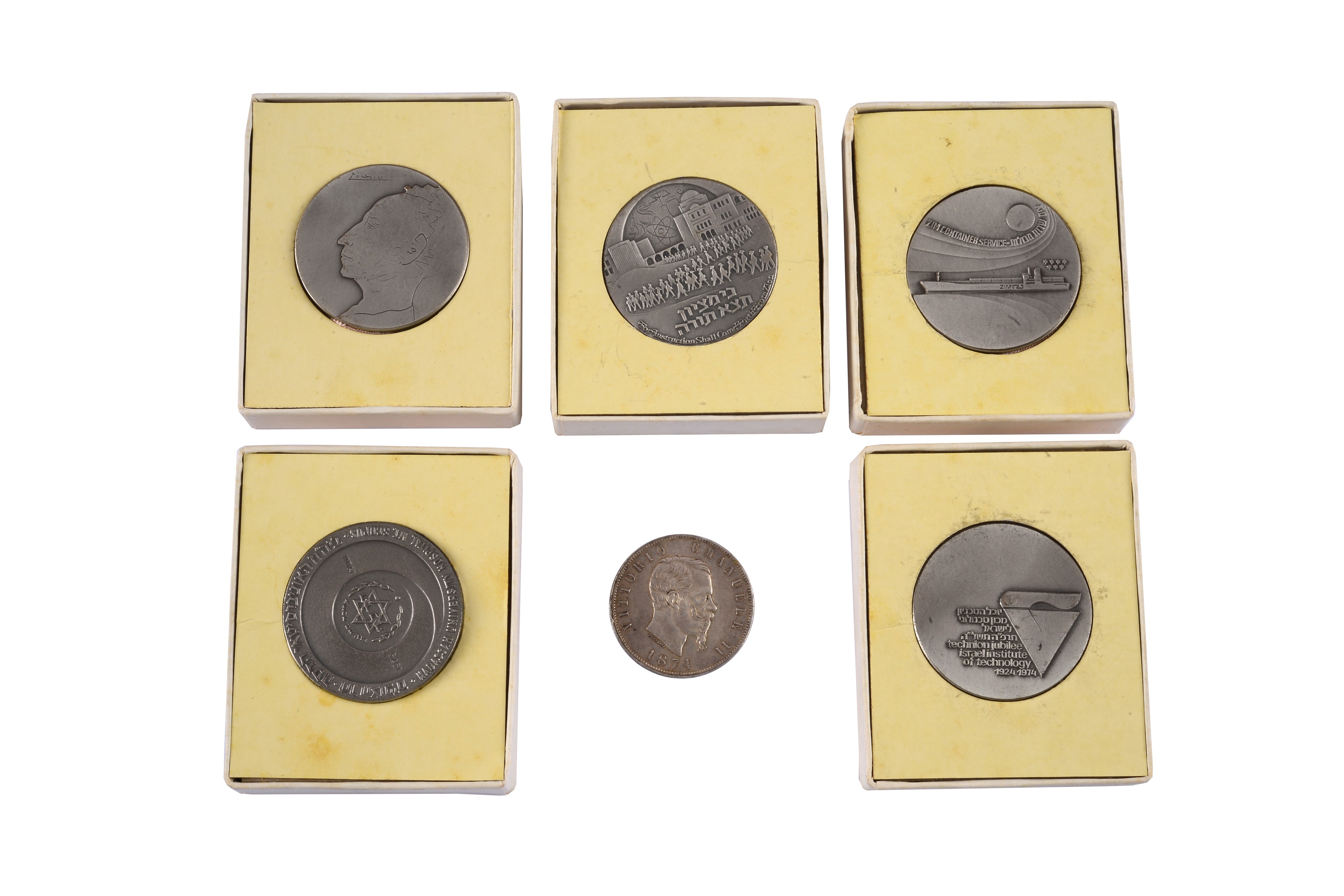 Cinque medaglie Israele e una moneta Cinque Lire del Regno d'Italia (1874)
