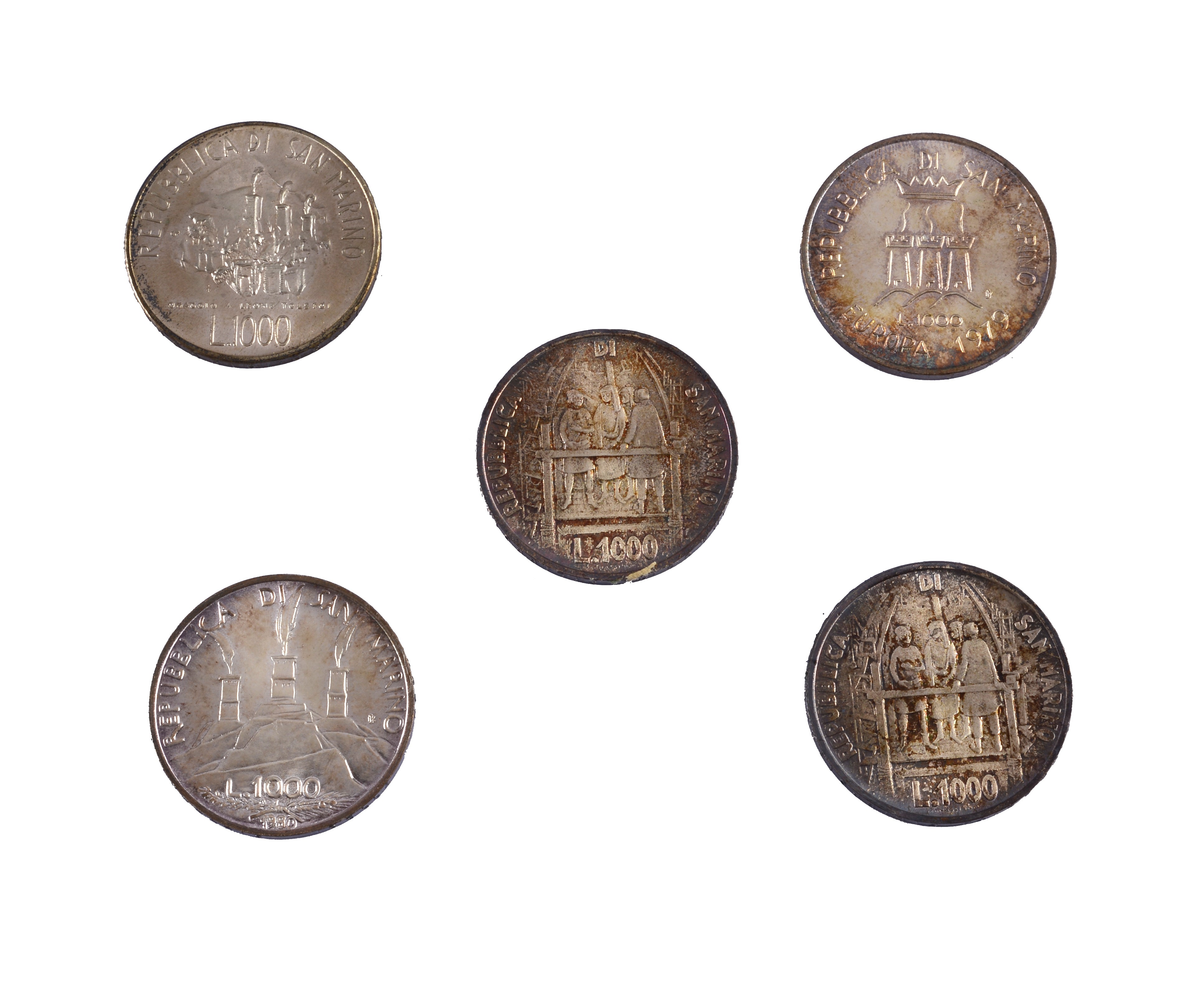 Cinque monete commemorative San Marino dal 1977 al 1979