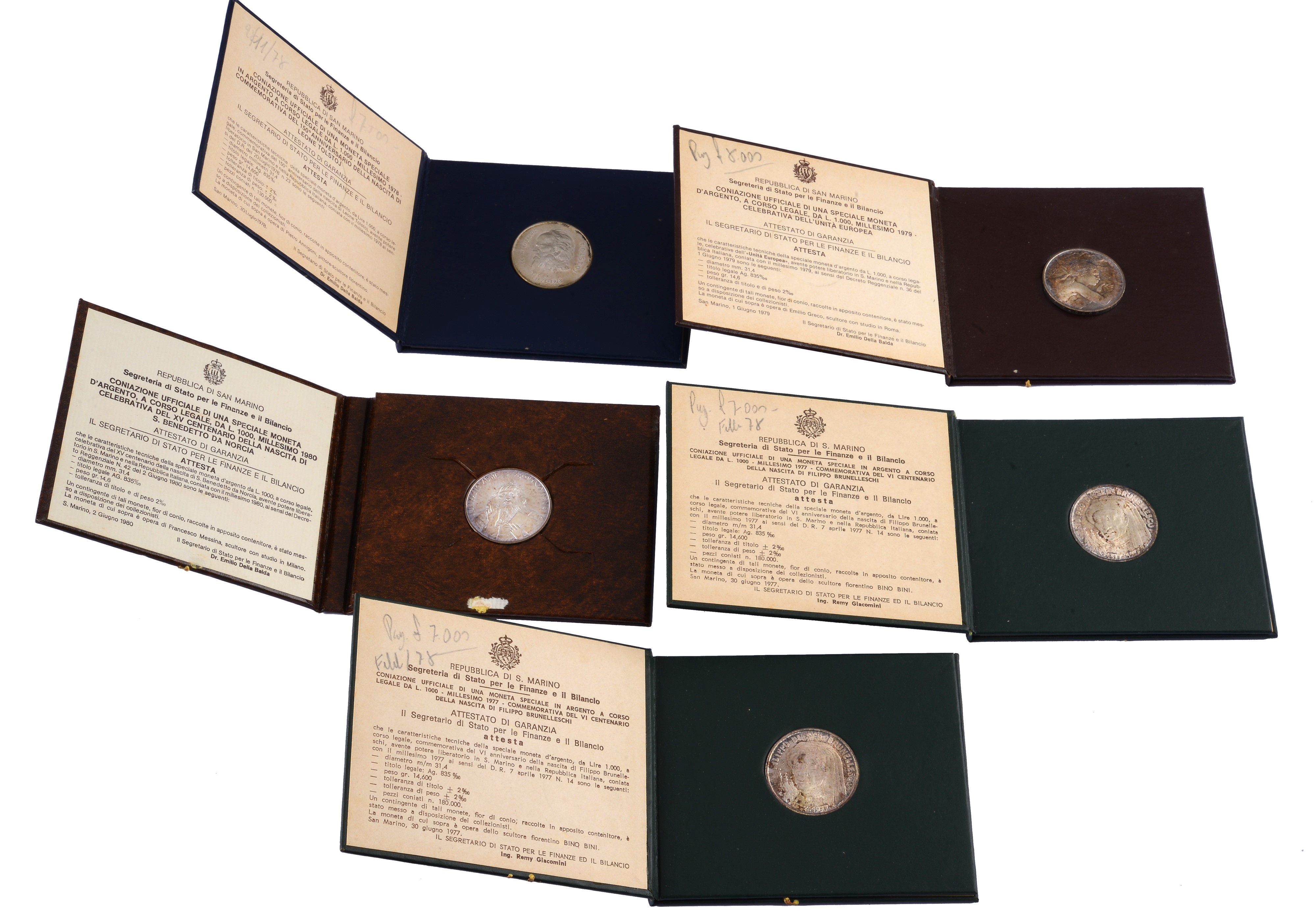 Cinque monete commemorative San Marino dal 1977 al 1979