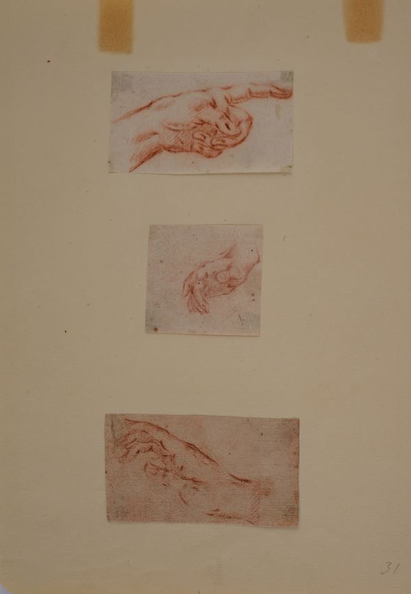 Anonimo, XVIII sec. : Studi di mani (tre opere)  - Sanguigna su carta - Asta DISEGNI ANTICHI DALLA COLLEZIONE CERASTICO - Pananti Online