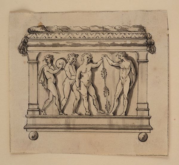Anonimo, XVIII sec. : Studio per urna con bassorilievi   - Inchiostro su carta - Asta DISEGNI ANTICHI DALLA COLLEZIONE CERASTICO - Pananti Online