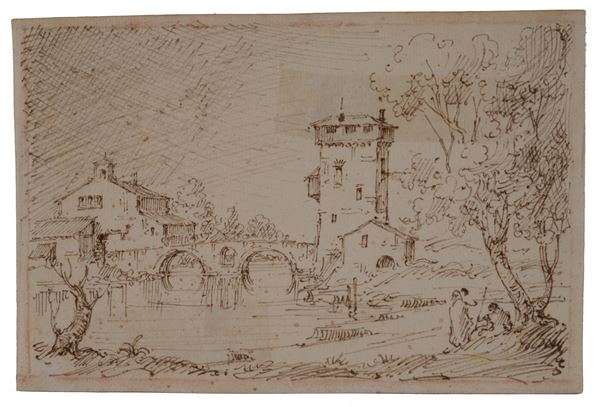 Scuola Italia Settentrionale, XVIII sec. - Paesaggio con fiume