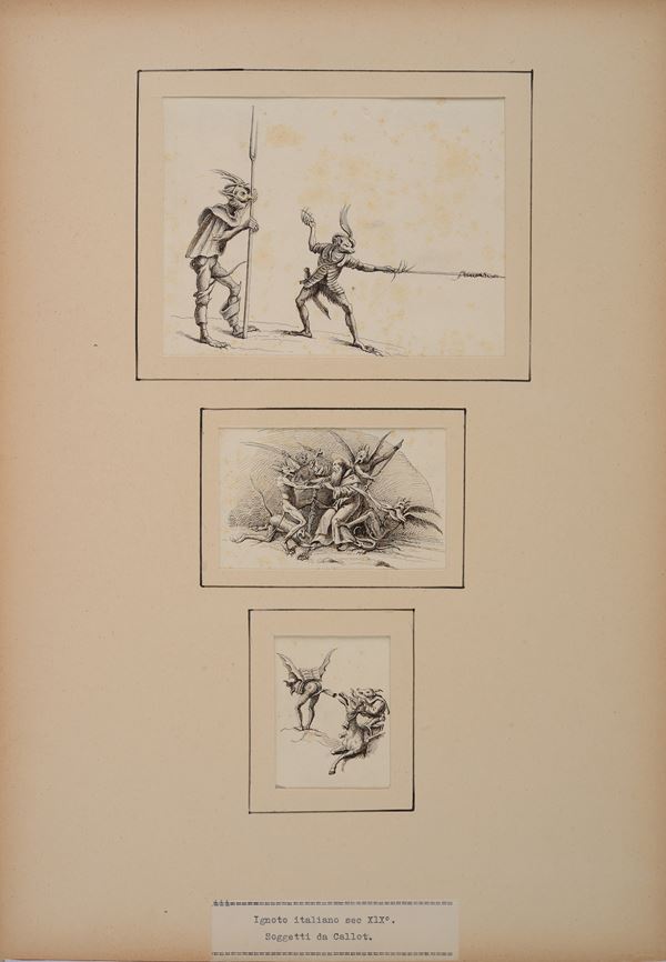 Anonimo, XIX sec. - tre studi dalle stampe di Jacques Callot