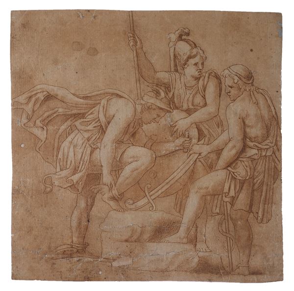 Anonimo, XVII sec. - Mercurio calza gli stivali alati con Perseo e Minerva (Copia da Giulio Romano)