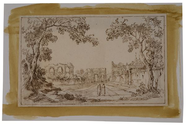 Scuola Italia Settentrionale, XVIII sec. - Paesaggio con figure e rovine
