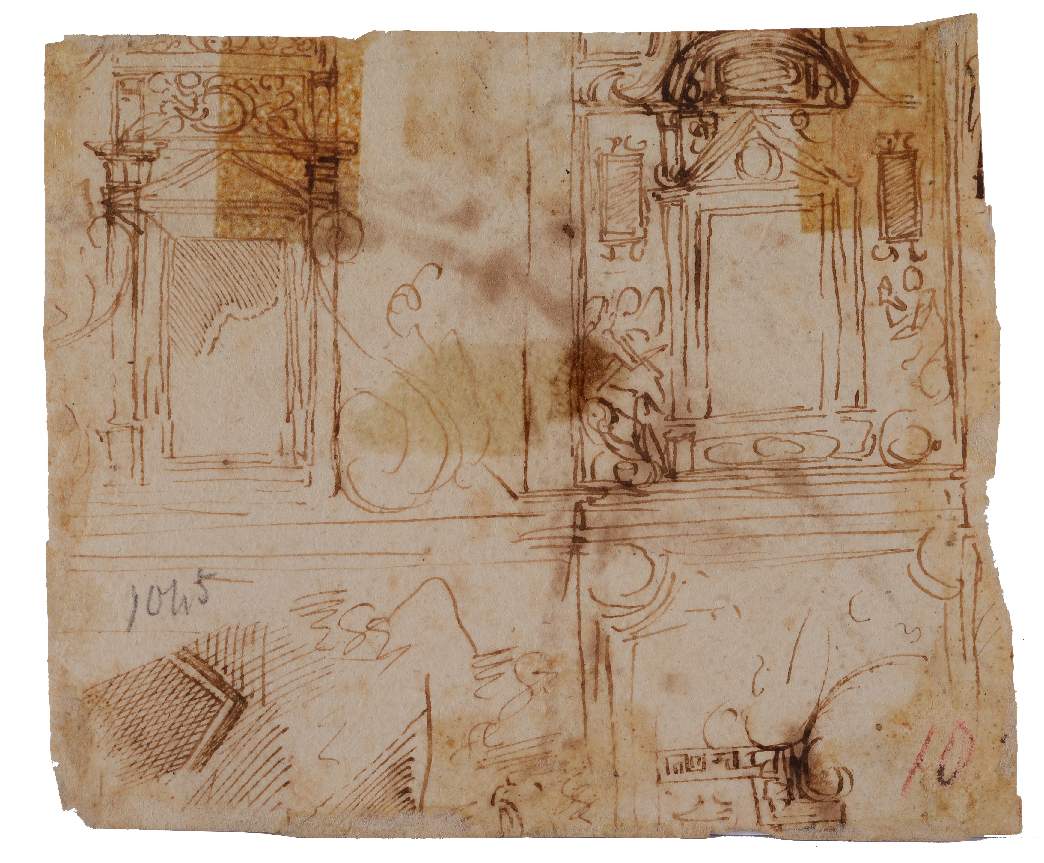 Scuola Italia Meridionale, XVII Sec. - Figura con Foglie (fronte) Studi Architettonici (retro)
