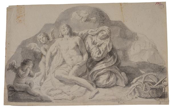 Anonimo, fine  XVIII sec. - Lamentazione sul corpo di Cristo (fronte) Figura inginocchiata (retro)