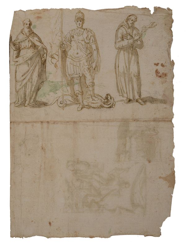 Anonimo, XVI - XVII sec. - San Giorgio, San Francesco e San Bartolomeo (fronte) Scuola di cavaliere e studi di armatura (retro)