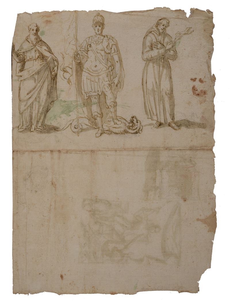 San Giorgio, San Francesco e San Bartolomeo (fronte) Scuola di cavaliere e studi di armatura (ret...