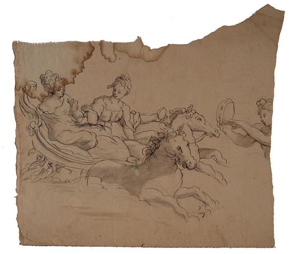 Anonimo, XVIII sec. - Trionfo di due dee (sul verso, a sanguigna Madonna con bambino)