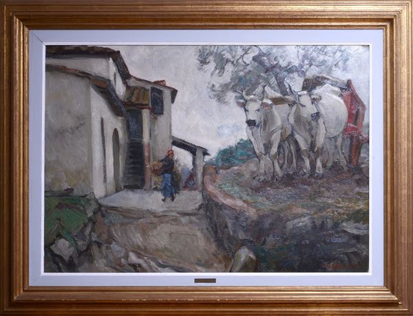 Vittorio Nomellini - Casolare con figura e buoi