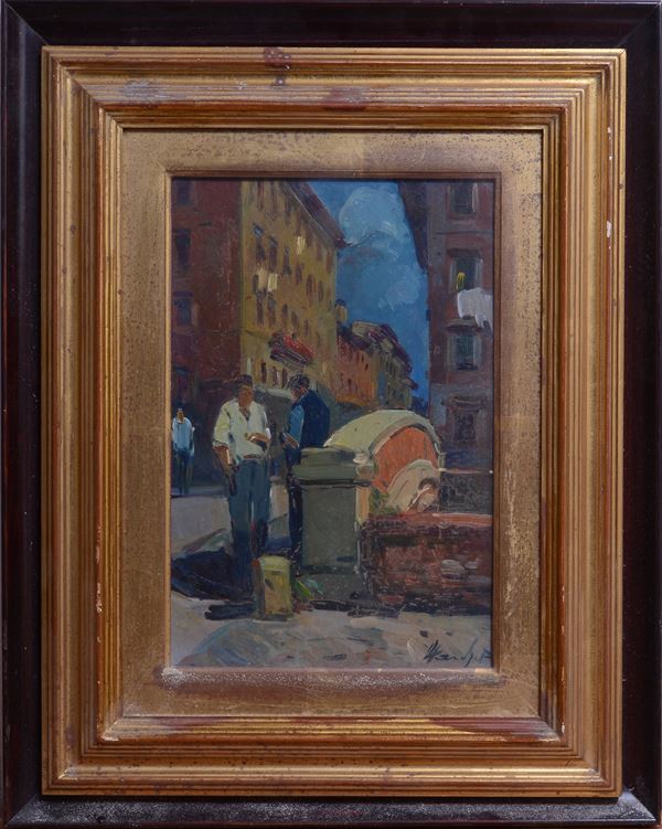 Anonimo, XX sec. - Scorcio di Livorno con figure