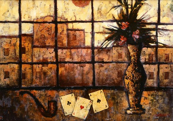 Leonardo Papasogli - Natura morta con carte da gioco e vaso