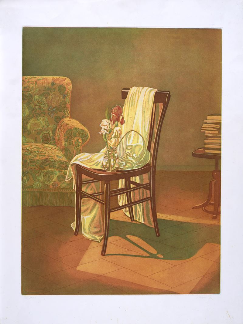 Natura morta con sedia e vaso di fiori