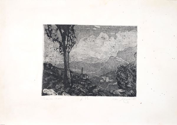 Anonimo, XX sec. : Paese con chiesa  (1970)  - Acquatinta - Asta GRAFICA E MULTIPLI - Pananti Online