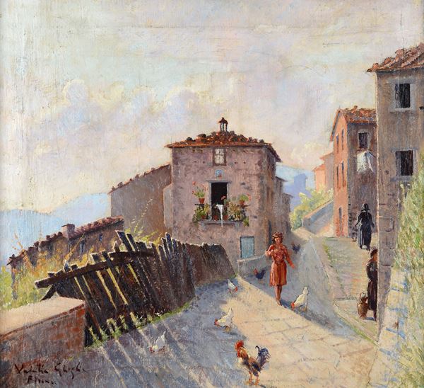Valentino Ghiglia - Strada di paese con figure