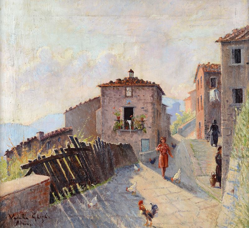 Valentino Ghiglia - Strada di Paese con Figure