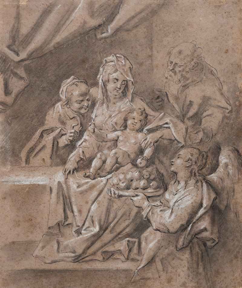 Sacra Famiglia con angelo che porge le mele a Gesù Bambino (da Hans von Aachen)