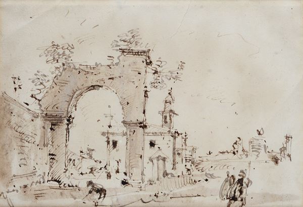 Anonimo, XVIII - XIX sec. - Paesaggio con ruderi e figure