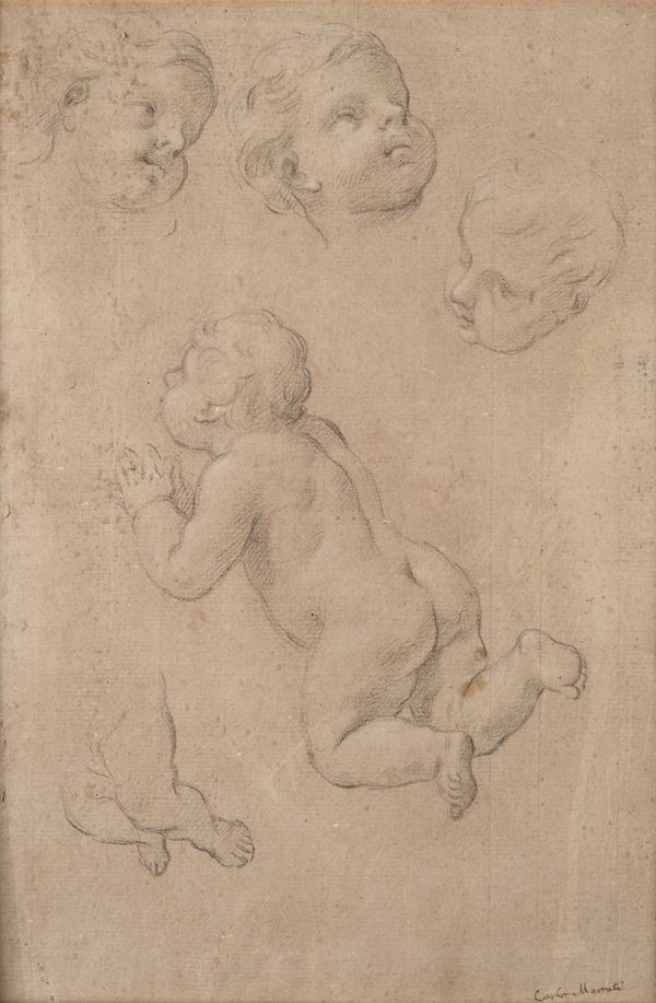 Scuola Italia Centrale, XVIII sec. - Studio di putto e teste (fronte)- Studio di mani (retro)
