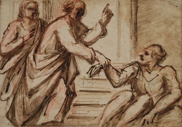 Anonimo, XVIII sec. - Cristo risana lo storpio (fronte) Figure a matita rossa (retro)