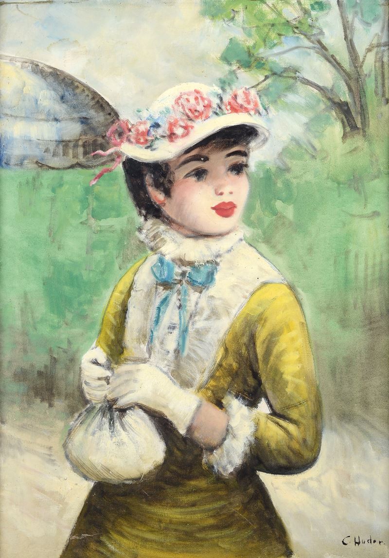 Anonimo, Inizi XX Sec. - Anonimo, Signora con cappello, olio su tela