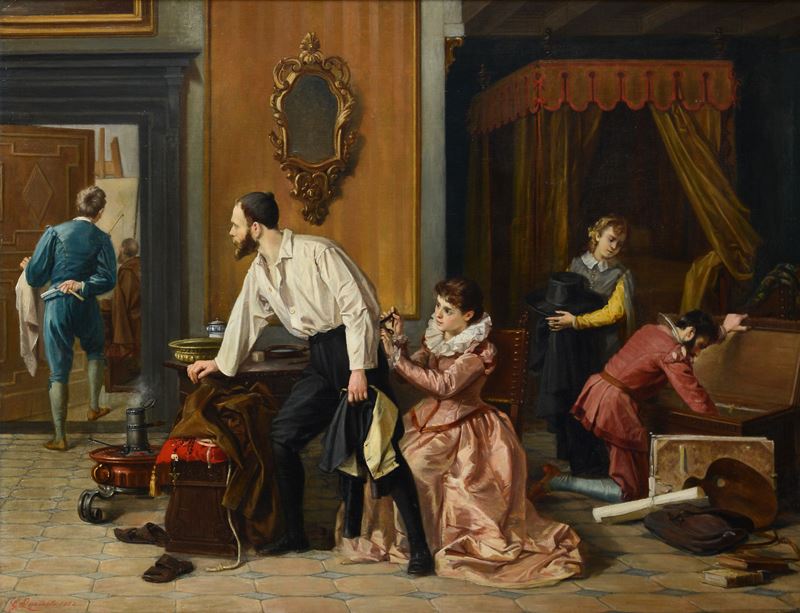 Giulio Queirolo - La fuga di Bernardo Strozzi, olio su tela, cm 69x90, 1883