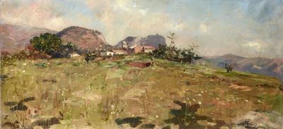 Paese di campagna, olio su tela