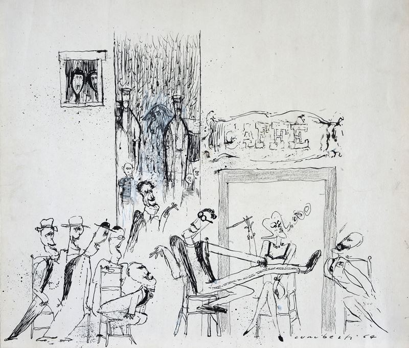 Pierachille Cuniberti - Al Caffè, inchiostro su carta